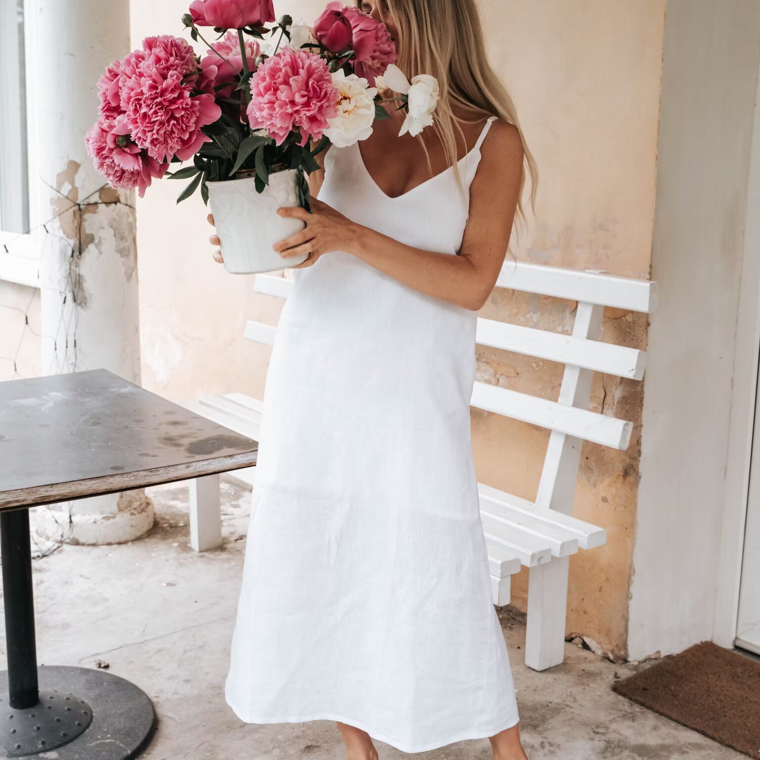 100% linen white slip dress one size (loose fit)