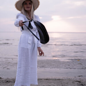 100% linen white dress one size with long sleeves and pockets