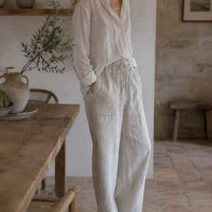 100% linen pants with strings and pockets Beige