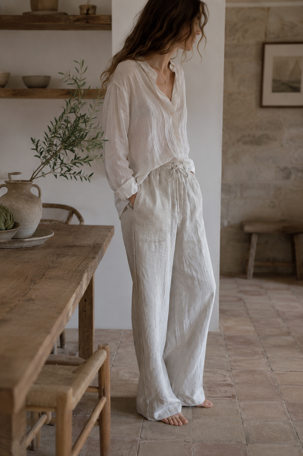 100% linen pants with strings and pockets Beige