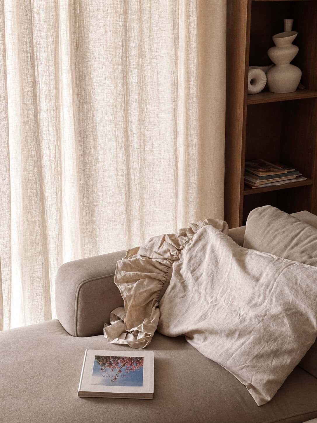 Flax beige 100% Linen Pillowcase with one sided ruffle